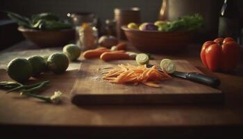 gesund Vegetarier Mahlzeit Vorbereitung mit frisch organisch Gemüse und Kräuter generiert durch ai foto