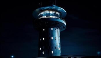 modern die Architektur leuchtet Stadt Horizont mit Blau von hinten beleuchtet Stahl Silhouette generiert durch ai foto