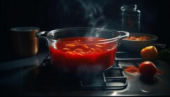 frisch Vegetarier Suppe Kochen auf Herd oben im organisch Küche generiert durch ai foto