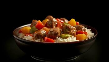 frisch Gourmet Mahlzeit mit gegrillt Schweinefleisch, gedämpft Reis, und Gemüse generiert durch ai foto