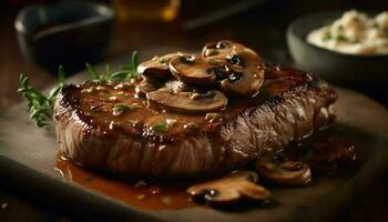 gegrillt Lendenstück Steak mit Pilz und Gemüse Platte, bereit zu Essen generiert durch ai foto