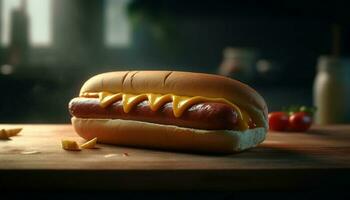 gegrillt heiß Hund auf ein Brötchen mit Ketchup, ein klassisch amerikanisch Mahlzeit generiert durch ai foto