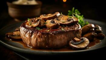 gegrillt Lendenstück Steak mit essbar Pilz und frisch Gemüse Vorspeise generiert durch ai foto