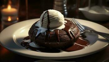 nachsichtig Schokolade Dessert auf Teller mit cremig Schokolade Soße Nieselregen generiert durch ai foto