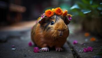 flauschige Guinea Schwein Sitzung auf Gras, suchen beim Gelb Blume generiert durch ai foto