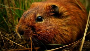 flauschige Guinea Schwein Essen Gras im Wiese, suchen beim Kamera generiert durch ai foto