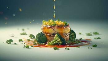 gesund Gourmet Mahlzeit mit gegrillt Fleisch und frisch Gemüse auf Teller generiert durch ai foto