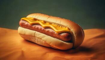 gegrillt heiß Hund auf Brötchen, ein klassisch amerikanisch Picknick Snack generiert durch ai foto