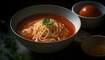 frisch hausgemacht Vegetarier Pasta Suppe im rustikal Geschirr Schüssel generiert durch ai foto
