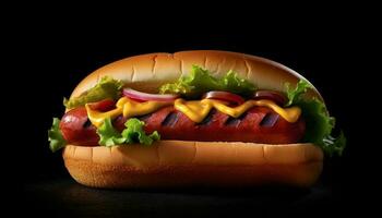 gegrillt heiß Hund auf Brötchen mit Ketchup, Zwiebel, und genießen generiert durch ai foto