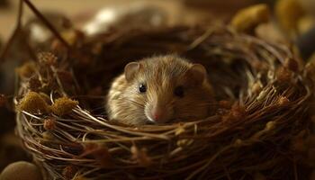 flauschige jung Säugetier mit Schnurrhaare und Pelz im Tier Nest generiert durch ai foto