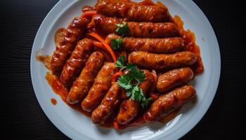 gegrillt Schweinefleisch und Rindfleisch Bratwurst auf ein Platte, schließen oben Kochen generiert durch ai foto