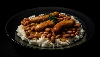 gegrillt Schweinefleisch Platte, gesund Mahlzeit mit frisch Gemüse und Reis generiert durch ai foto