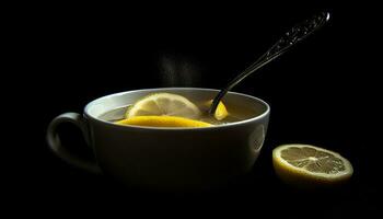 saftig Zitrone Scheibe fügt hinzu Frische zu gesund Gourmet Vegetarier Mahlzeit generiert durch ai foto