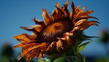 beschwingt Sonnenblume blühen im ländlich Wiese, Fokus auf Vordergrund Schönheit generiert durch ai foto