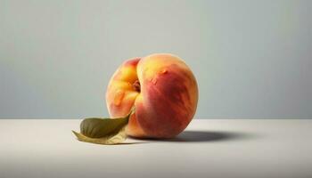 saftig Pfirsich auf Blatt, frisch und reif, perfekt Sommer- Snack generiert durch ai foto
