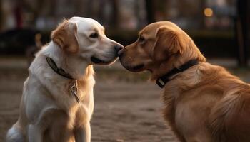 golden Retriever und Labrador spielen draußen, reinrassig Haustiere haben Spaß generiert durch ai foto