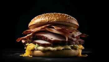 gegrillt Rindfleisch Burger mit Cheddar Käse, Zwiebel, und Tomate Scheibe generiert durch ai foto