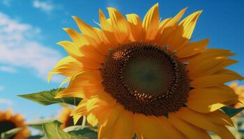 beschwingt Sonnenblume im Natur Wiese, ein Gelb Schönheit im Sommer- generiert durch ai foto