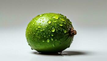 reif Zitrusfrüchte Obst Tropfen Tau auf Grün Blatt im Makro Schuss generiert durch ai foto