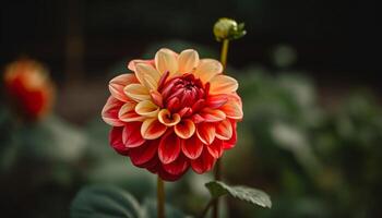 beschwingt Strauß von multi farbig Dahlie, Gerbera Gänseblümchen, und Zinnie generiert durch ai foto