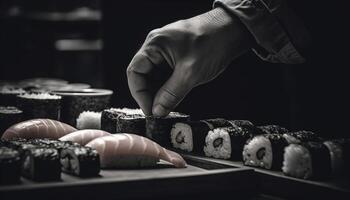 Hand halten frisch Sushi Platte, ein Gourmet Meeresfrüchte Mahlzeit Tradition generiert durch ai foto