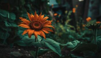 beschwingt Sonnenblume Blüte, schließen oben mit Gelb Blütenblätter und Grün Blätter generiert durch ai foto