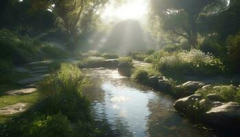 still Szene von ein Wald Wiese mit fließend Wasser und Betrachtung generiert durch ai foto