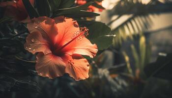 beschwingt Hibiskus blühen im tropisch Regenwald, ein bunt abstrakt Muster generiert durch ai foto