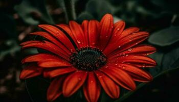 beschwingt Gerbera Gänseblümchen Blüte, nass mit Regentropfen auf schwarz Hintergrund generiert durch ai foto