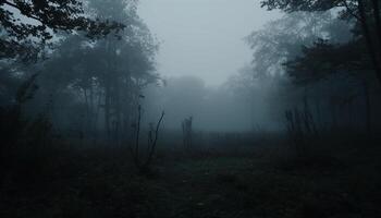 gespenstisch Wald Silhouette, Geheimnis und Grusel im das dunkel Nacht generiert durch ai foto