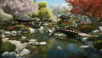 japanisch Kultur reflektiert im still Teich mit bunt Herbst Laub generiert durch ai foto