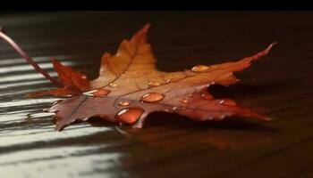 beschwingt Herbst Ahorn Blatt, nass mit Regen, auf dunkel Bodenbelag generiert durch ai foto