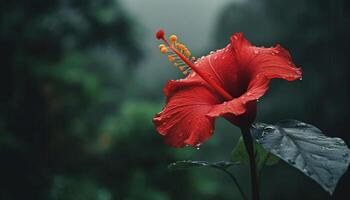 beschwingt Hibiskus Blüte, nass mit Tau, im formal Garten generiert durch ai foto