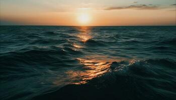 still Seelandschaft beim Dämmerung, Wellen reflektieren Schönheit im Natur Sonnenuntergang generiert durch ai foto