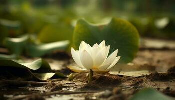 still Lotus blühen schwimmt auf Teich, symbolisieren Spiritualität und Wachstum generiert durch ai foto