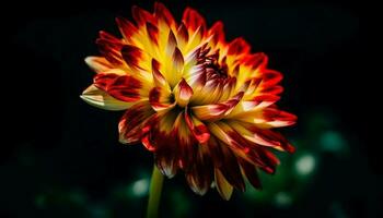 beschwingt Dahlie Blüte, Fokus auf Vordergrund, dunkel Hintergrund, natürlich Schönheit generiert durch ai foto