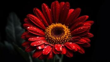 beschwingt Gerbera Gänseblümchen Blüte, nass mit Tau, auf schwarz Hintergrund generiert durch ai foto