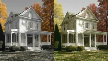 modern Wohn Gebäude mit Herbst Bäume und Grün Rasen draußen generiert durch ai foto