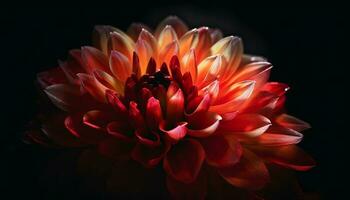 beschwingt Blütenblätter von ein multi farbig Dahlie im ein dunkel Hintergrund generiert durch ai foto