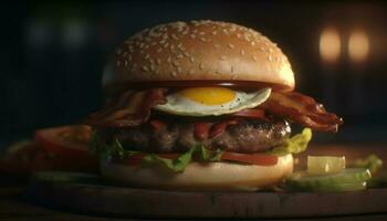 gegrillt Rindfleisch Burger mit Käse, Tomate, und Zwiebel auf Brötchen generiert durch ai foto