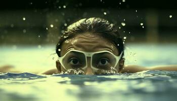 kaukasisch Kind lächelnd, genießen Sommer- Urlaube Schwimmen im Schwimmbad Wasser generiert durch ai foto