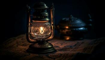 Antiquität Laterne leuchtet rustikal Tabelle mit glühend Kerzenlicht Dekoration generiert durch ai foto
