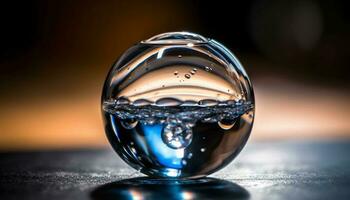 transparent Glas Kugel spiegelt nass Natur Reinheit im immer noch Leben generiert durch ai foto