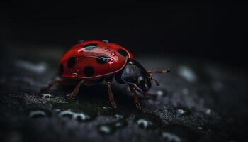 entdeckt Marienkäfer kriecht auf nass Blatt im Sommer- feucht Morgen generiert durch ai foto