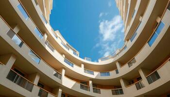 futuristisch Wolkenkratzer mit abstrakt Gelb Muster, Stahl und Glas Fassade generiert durch ai foto