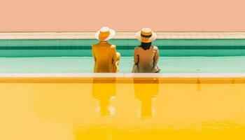 zwei Erwachsene im Badebekleidung genießen am Pool Entspannung beim tropisch Resort generiert durch ai foto