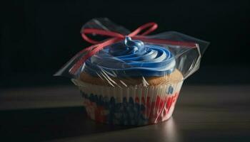 Gourmet Cupcake mit Schokolade Glasur und Süßigkeiten Dekoration auf Holz Tabelle generiert durch ai foto