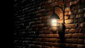 Antiquität Laterne leuchtet alt Backstein Mauer mit rostig Straße Licht generiert durch ai foto