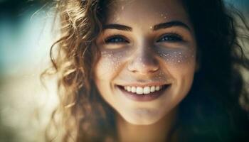 lächelnd jung Erwachsene Frau genießen Sommer- Schönheit und Glück draußen generiert durch ai foto